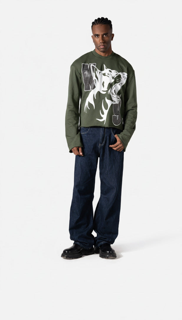 RHINESTONE DOGY &amp; LOGOS PRINT CORRUPT CROPPED SWEATSHIRT