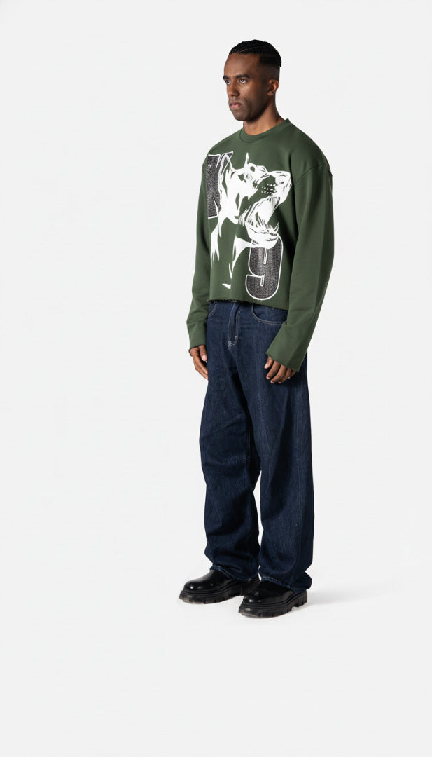 RHINESTONE DOGY &amp; LOGOS PRINT CORRUPT CROPPED SWEATSHIRT