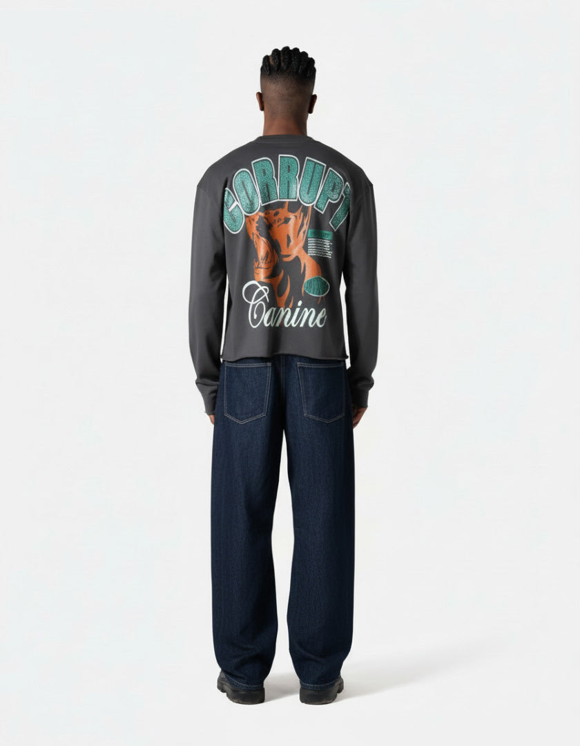 RHINESTONE DOGY &amp; LOGOS PRINT CORRUPT CROPPED SWEATSHIRT