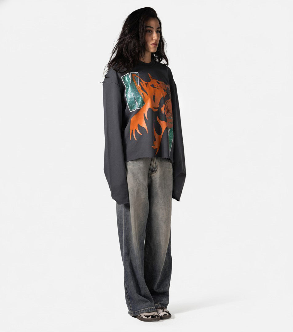 RHINESTONE DOGY &amp; LOGOS PRINT CORRUPT CROPPED SWEATSHIRT