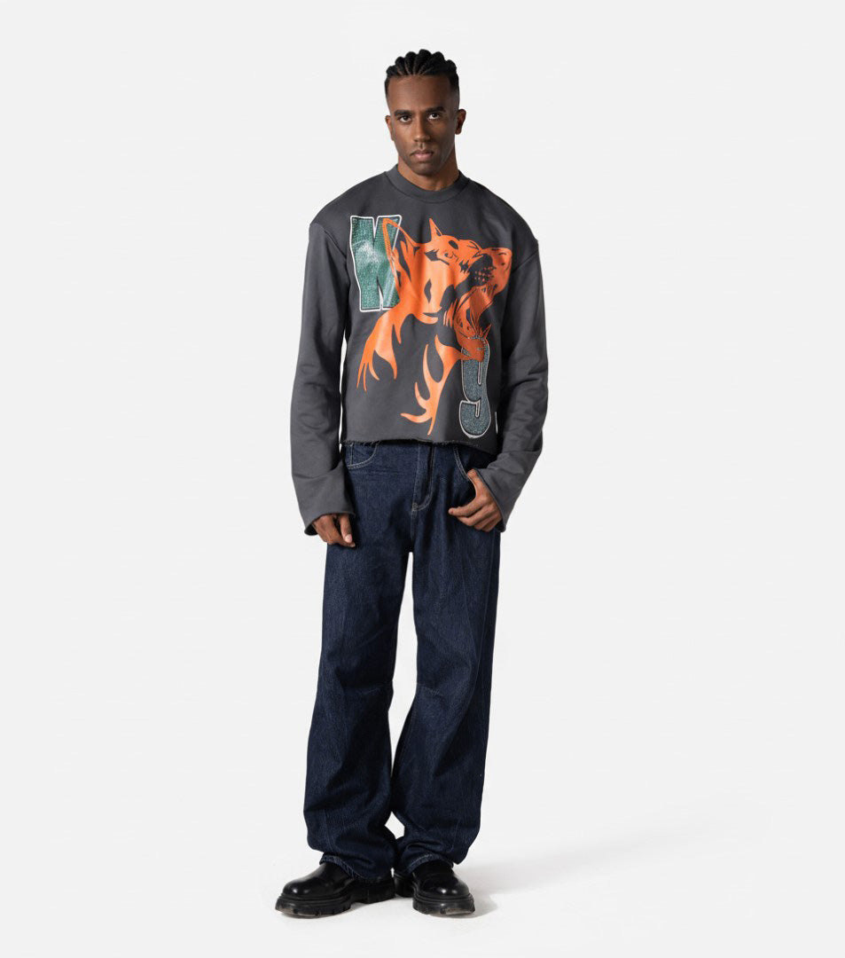 RHINESTONE DOGY &amp; LOGOS PRINT CORRUPT CROPPED SWEATSHIRT