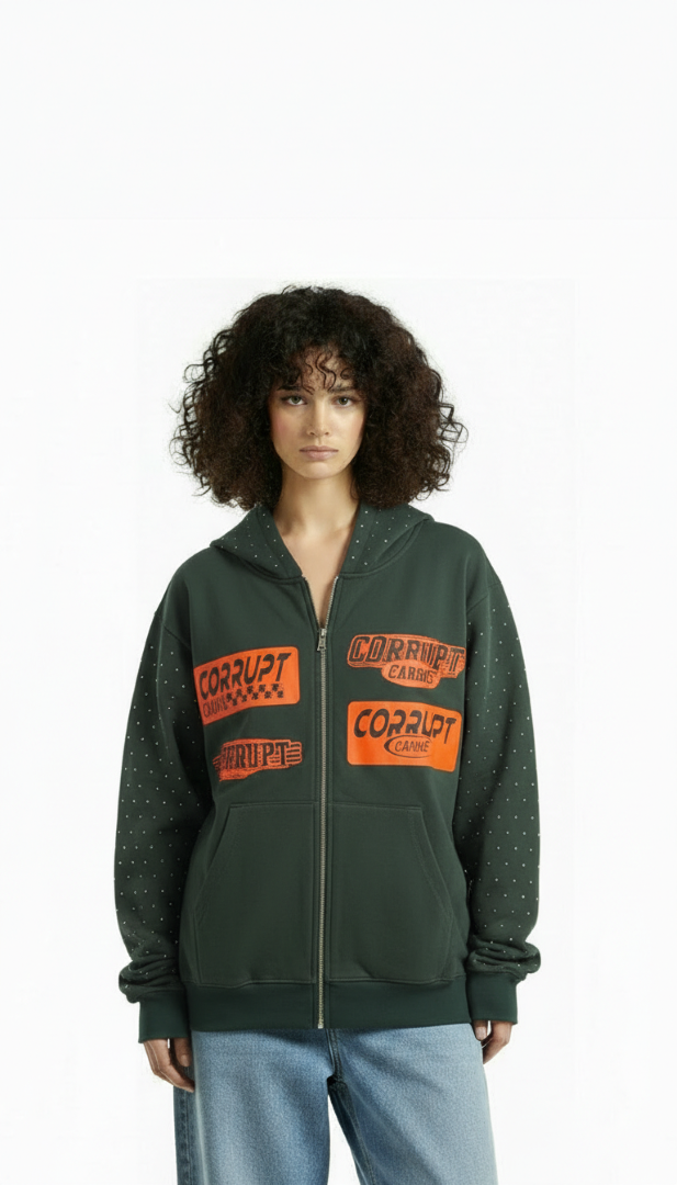 LOGOS PRINT RHINESTONE ZIP-UP LONG SLEEVES HOODED SWEATSHIRT