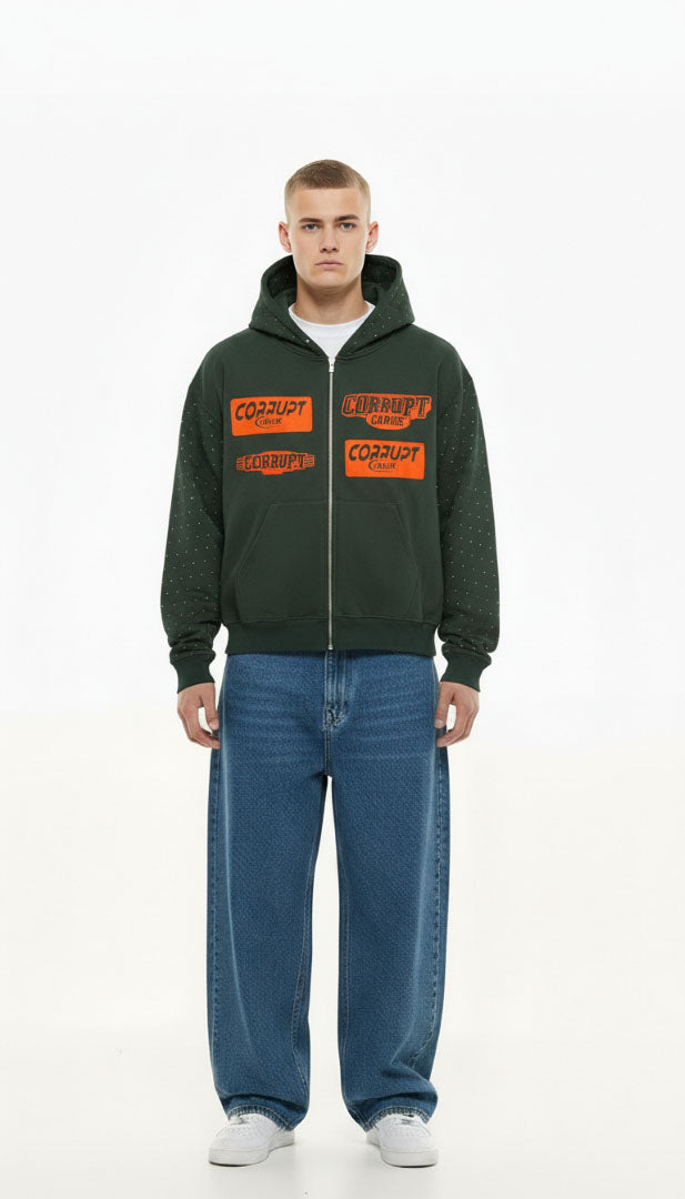 LOGOS PRINT RHINESTONE ZIP-UP LONG SLEEVES HOODED SWEATSHIRT