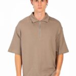 HALF ZIP POLO NECK T-SHIRT - Khaki