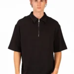 HALF ZIP POLO NECK T-SHIRT - Black