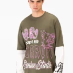 CORRUPT CANINE STUDIES LONG SLEEVE CONNECTED DOGY PRINTED T-SHIRT - Olive Green
