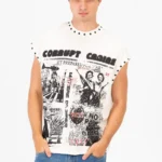GRAPHIC PRINT RHIMSTONES SLEEVELESS CORRUPT CANINE T-SHIRT - Ecru