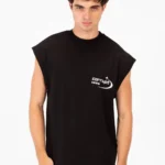 BASIC ESSENTIAL SLEEVELESS LOGO PRINT T-SHIRT - Black