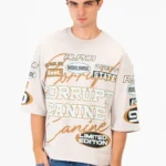 BOXY FIT LOGOS PRINT HALF SLEEVE T-SHIRT - Grey
